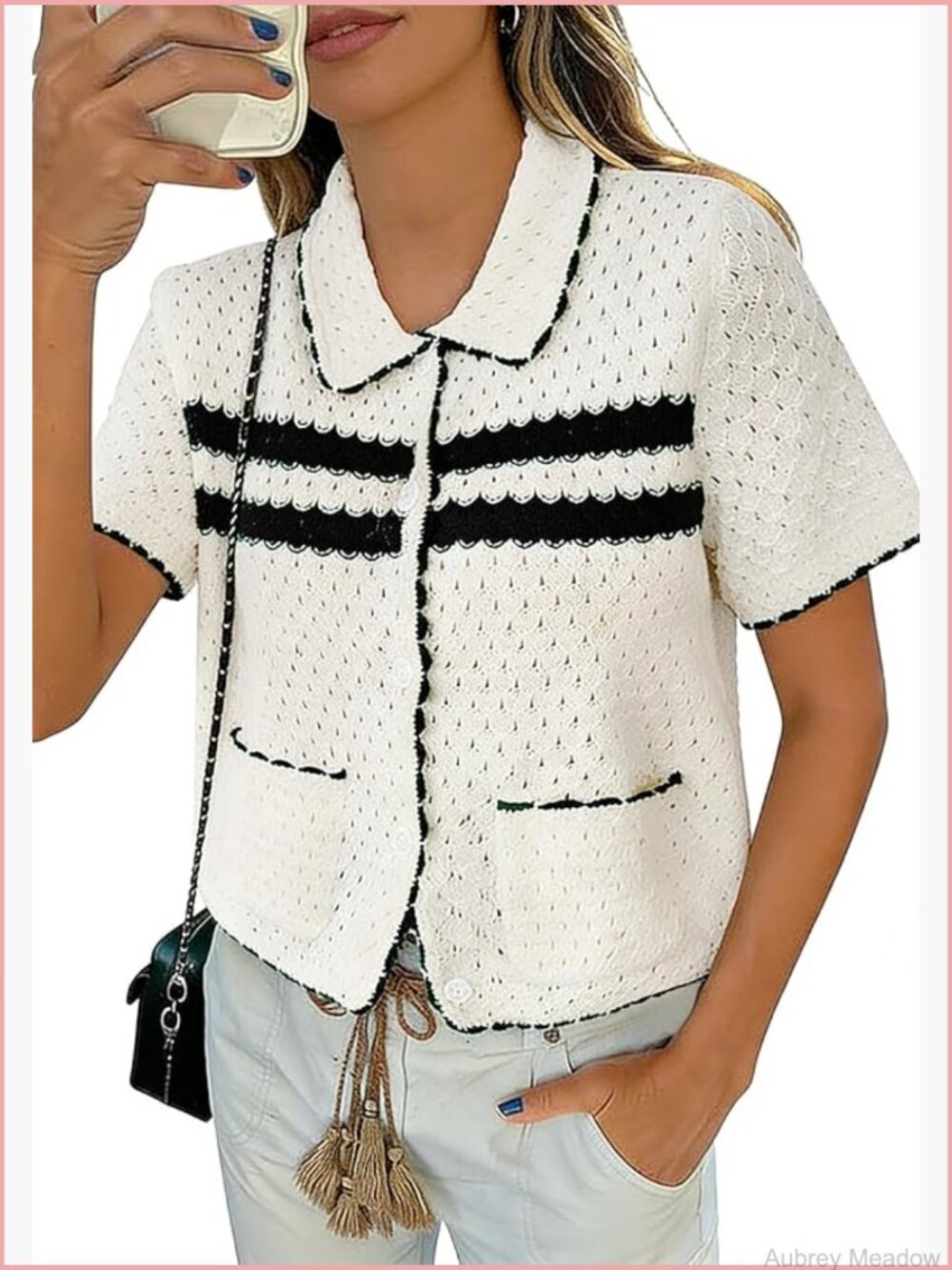 Crochet Button Down Cardigan Short Sleeve Loose Knit Summer Top
